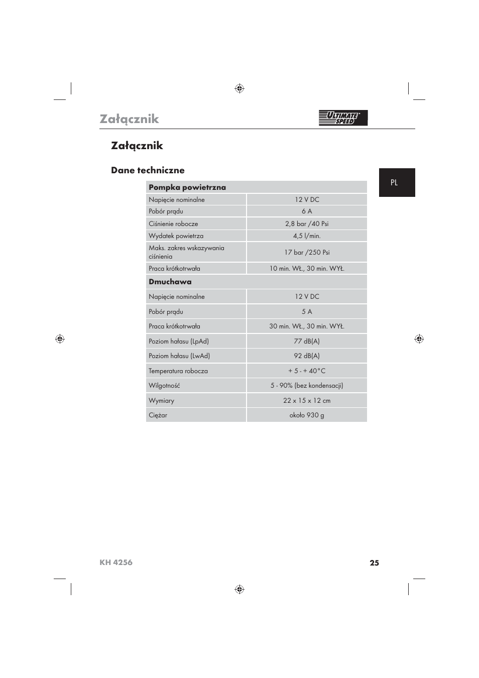Załącznik, Dane techniczne | Ultimate Speed KH 4256 User Manual | Page 27 / 100