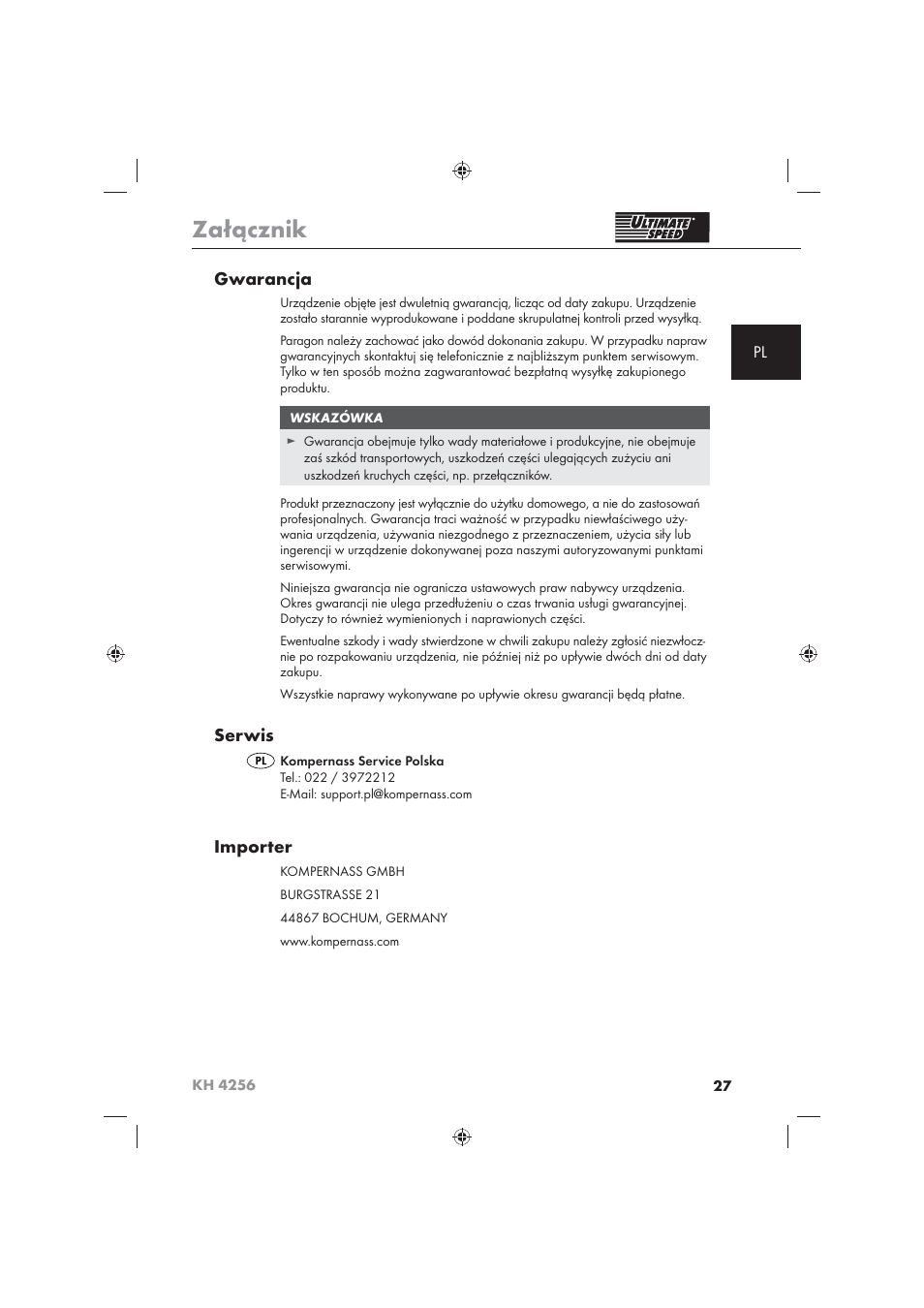 Załącznik, Gwarancja, Serwis | Importer | Ultimate Speed KH 4256 User Manual | Page 29 / 100