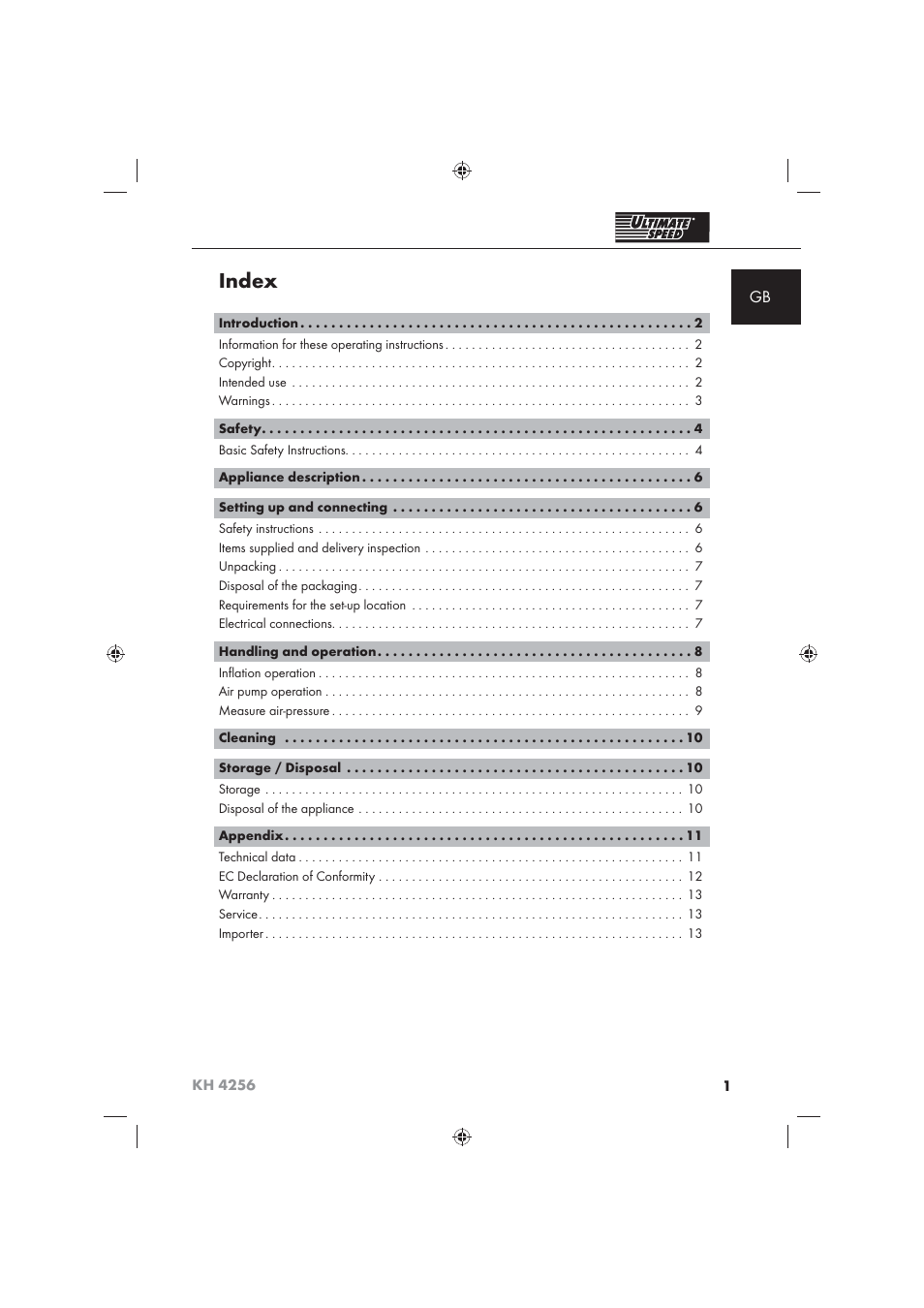 Index | Ultimate Speed KH 4256 User Manual | Page 3 / 100