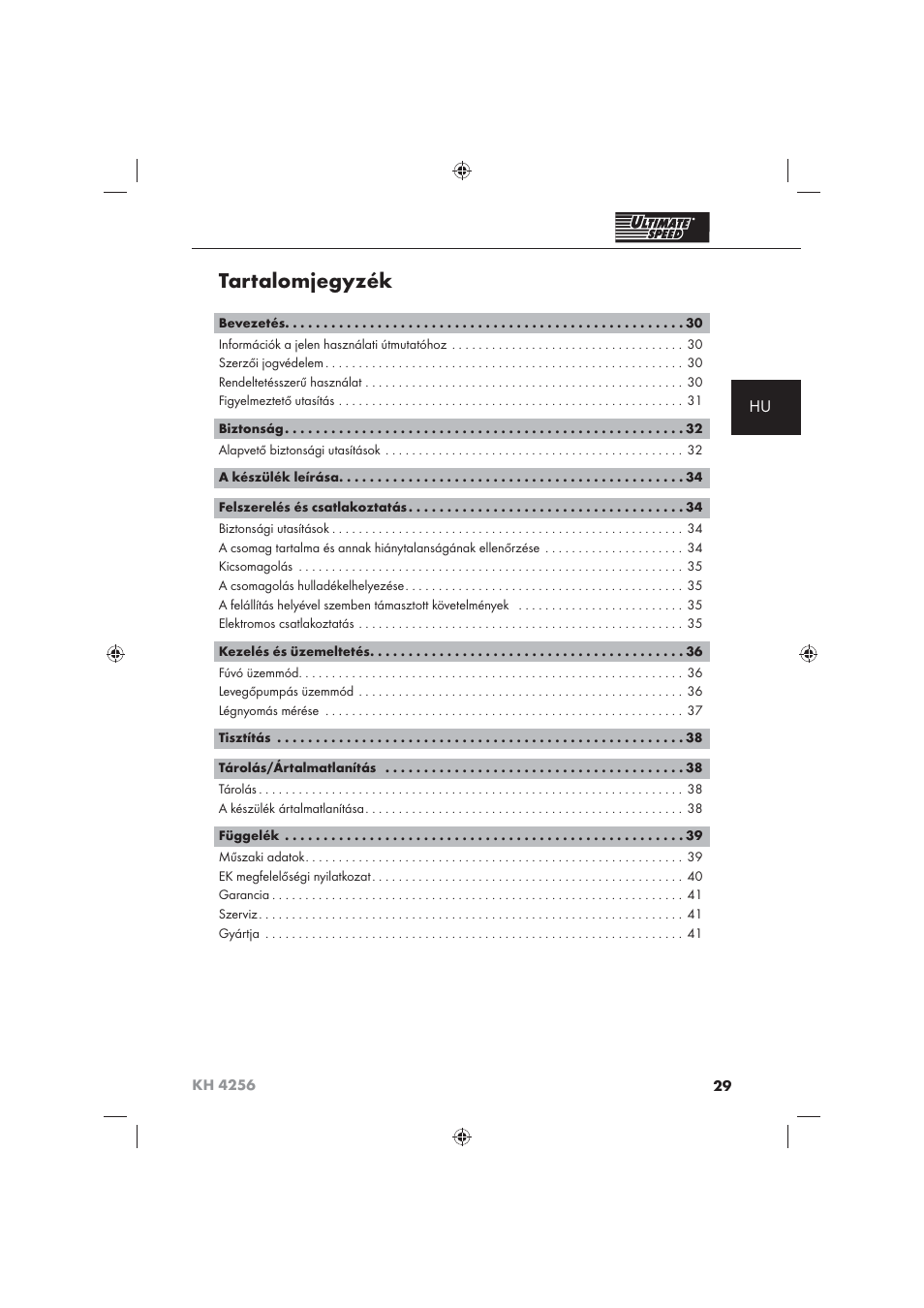 Tartalomjegyzék | Ultimate Speed KH 4256 User Manual | Page 31 / 100