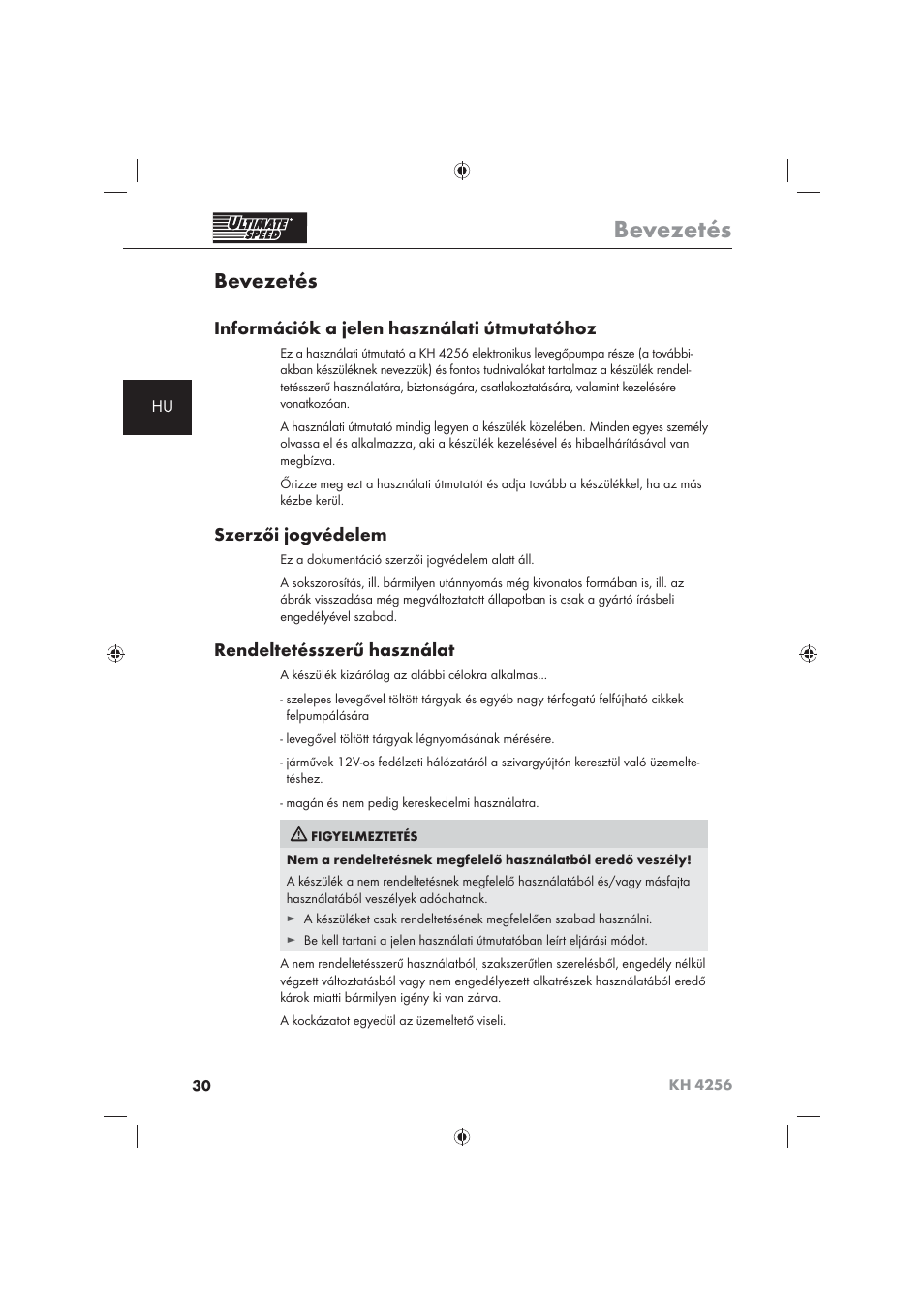 Bevezetés, Információk a jelen használati útmutatóhoz, Szerzői jogvédelem | Rendeltetésszerű használat | Ultimate Speed KH 4256 User Manual | Page 32 / 100