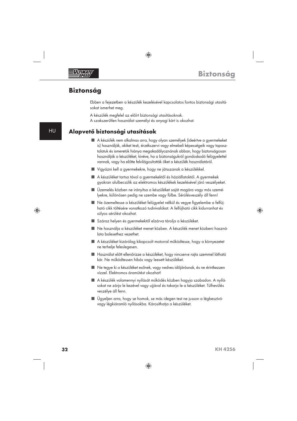 Biztonság, Alapvető biztonsági utasítások | Ultimate Speed KH 4256 User Manual | Page 34 / 100