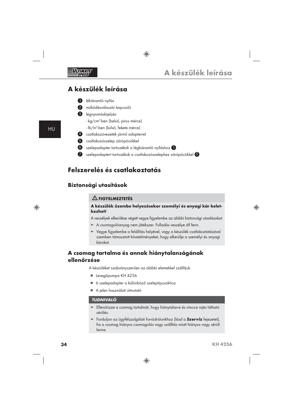 A készülék leírása, Felszerelés és csatlakoztatás, Biztonsági utasítások | Ultimate Speed KH 4256 User Manual | Page 36 / 100