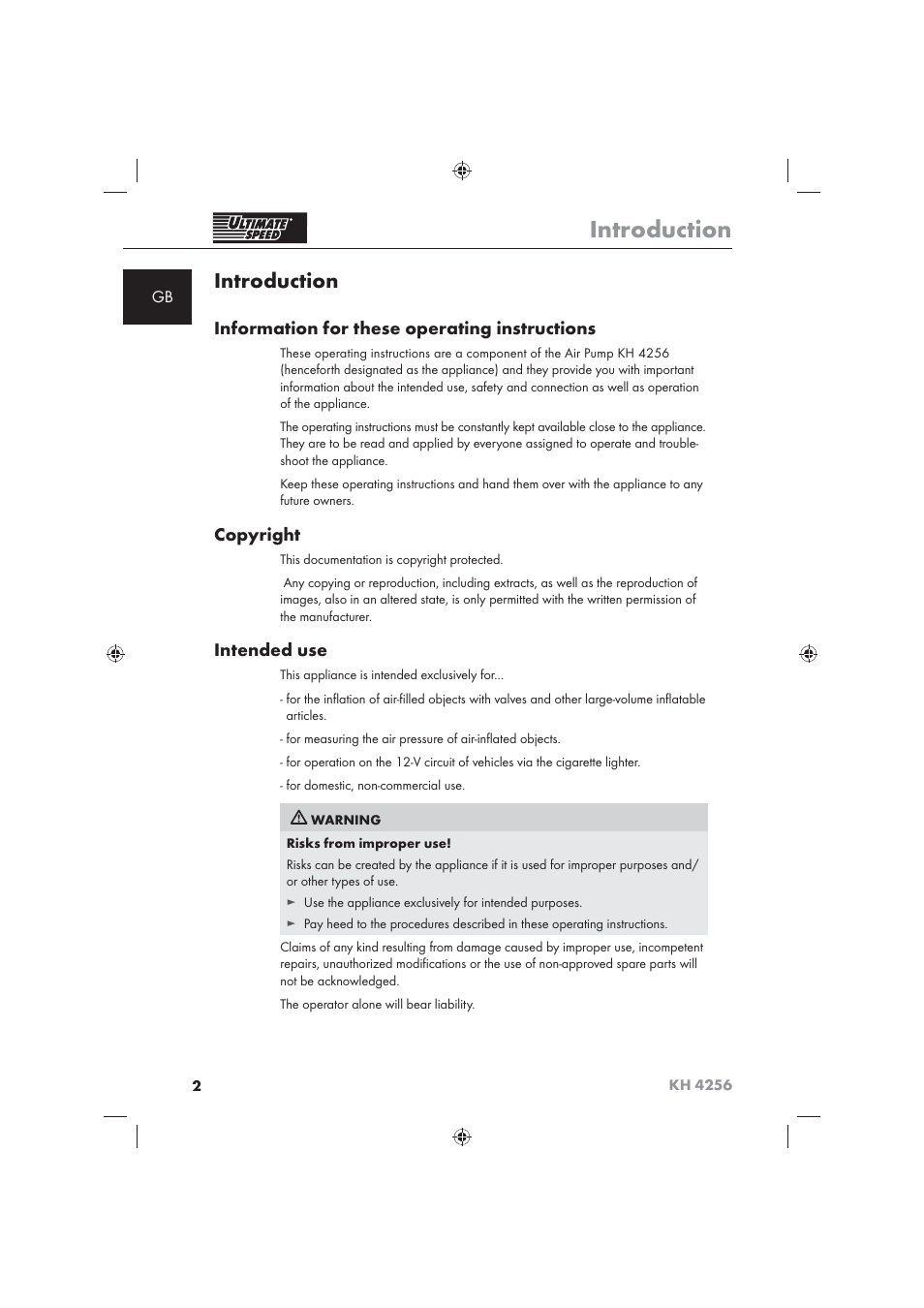 Introduction, Information for these operating instructions, Copyright | Intended use | Ultimate Speed KH 4256 User Manual | Page 4 / 100