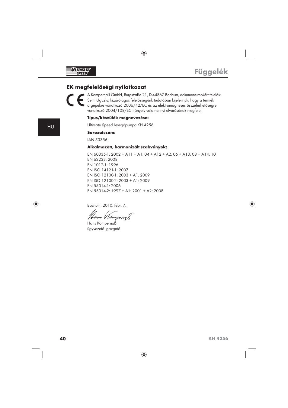 Függelék, Ek megfelelőségi nyilatkozat | Ultimate Speed KH 4256 User Manual | Page 42 / 100