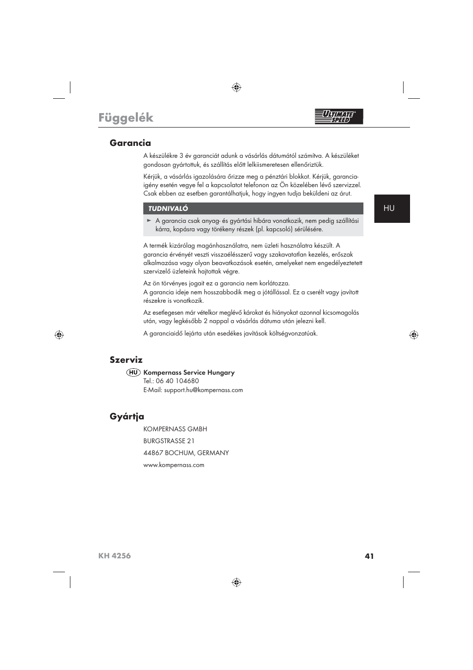 Függelék, Garancia, Szerviz | Gyártja | Ultimate Speed KH 4256 User Manual | Page 43 / 100