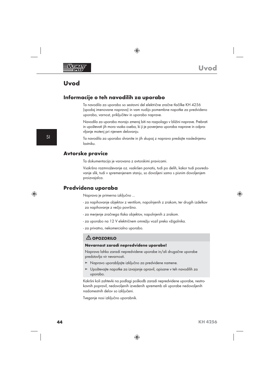 Uvod, Informacije o teh navodilih za uporabo, Avtorske pravice | Predvidena uporaba | Ultimate Speed KH 4256 User Manual | Page 46 / 100