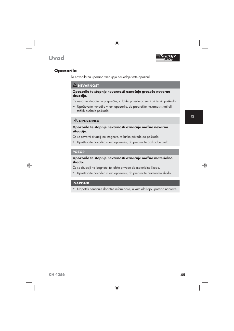 Uvod, Opozorila | Ultimate Speed KH 4256 User Manual | Page 47 / 100