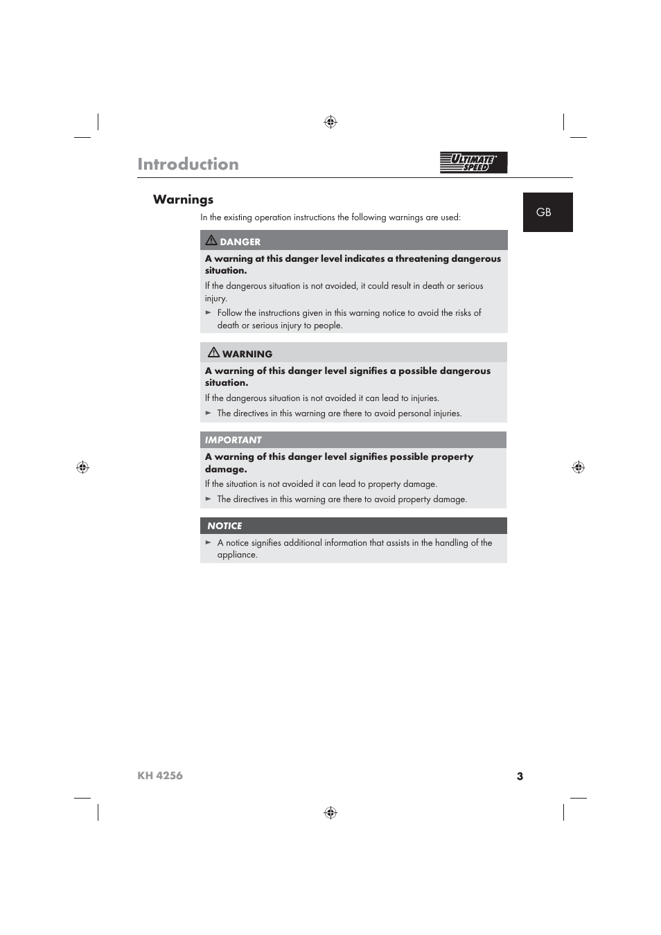 Introduction, Warnings | Ultimate Speed KH 4256 User Manual | Page 5 / 100