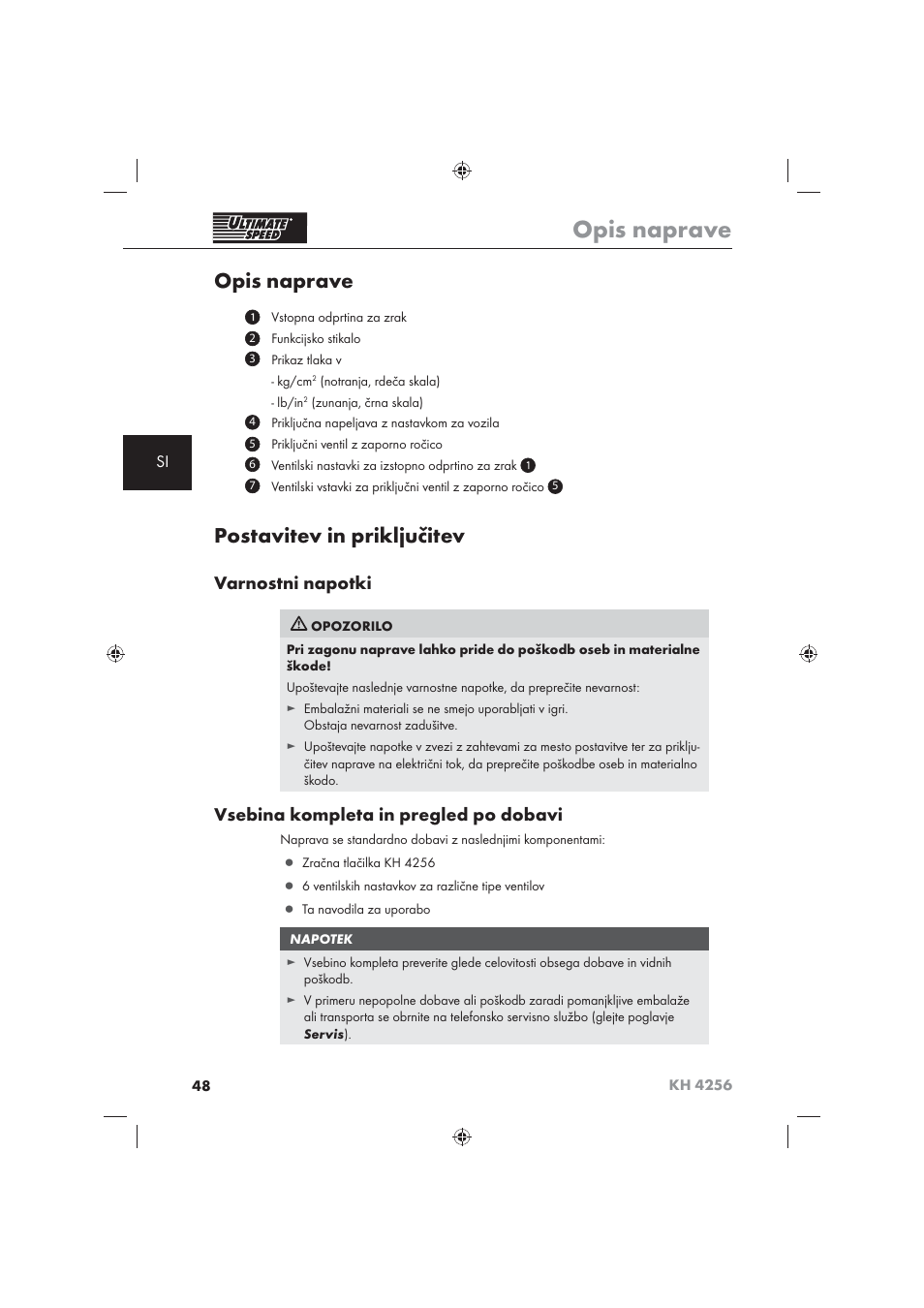 Opis naprave, Postavitev in priključitev, Varnostni napotki | Vsebina kompleta in pregled po dobavi | Ultimate Speed KH 4256 User Manual | Page 50 / 100