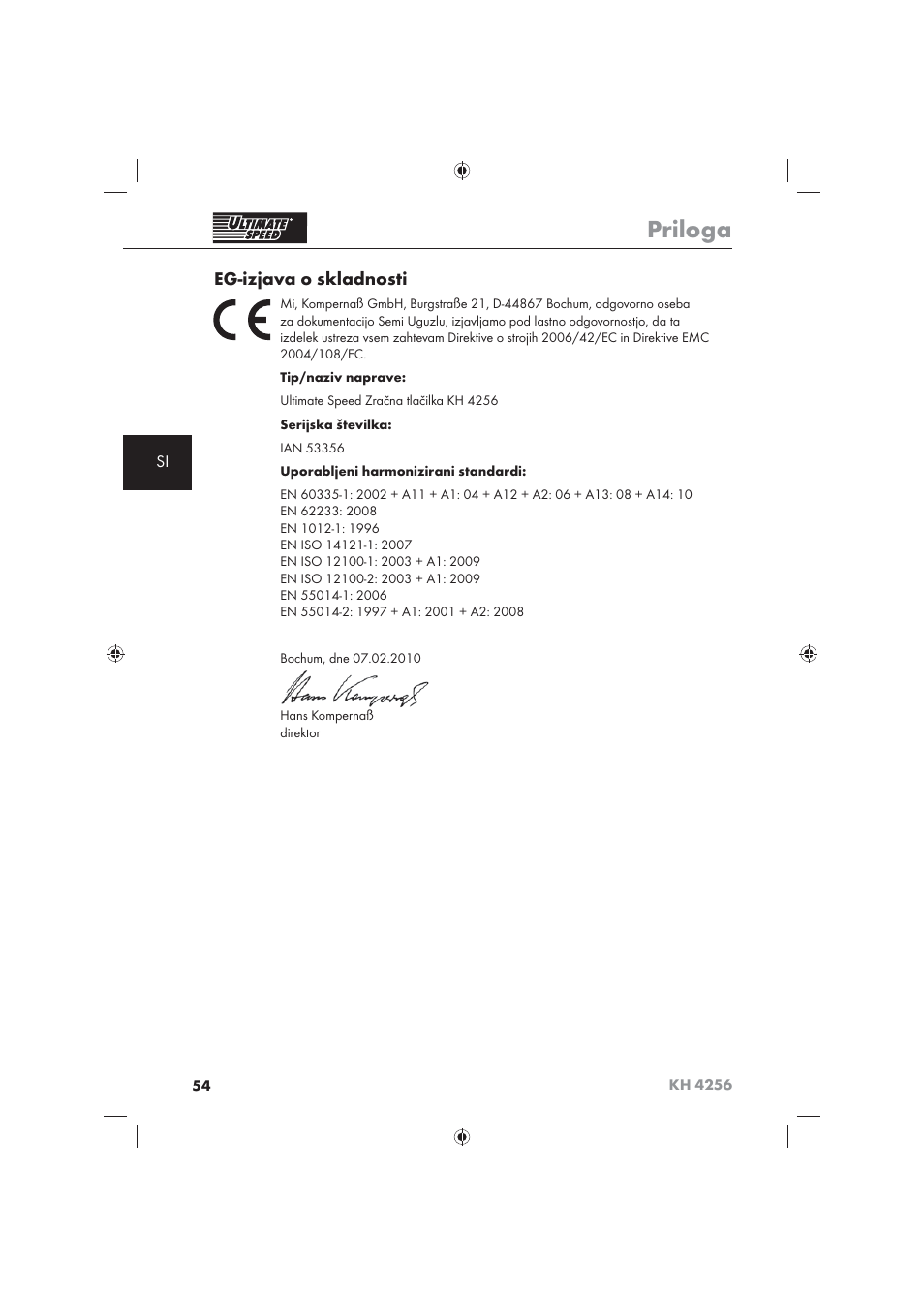 Priloga, Eg-izjava o skladnosti | Ultimate Speed KH 4256 User Manual | Page 56 / 100