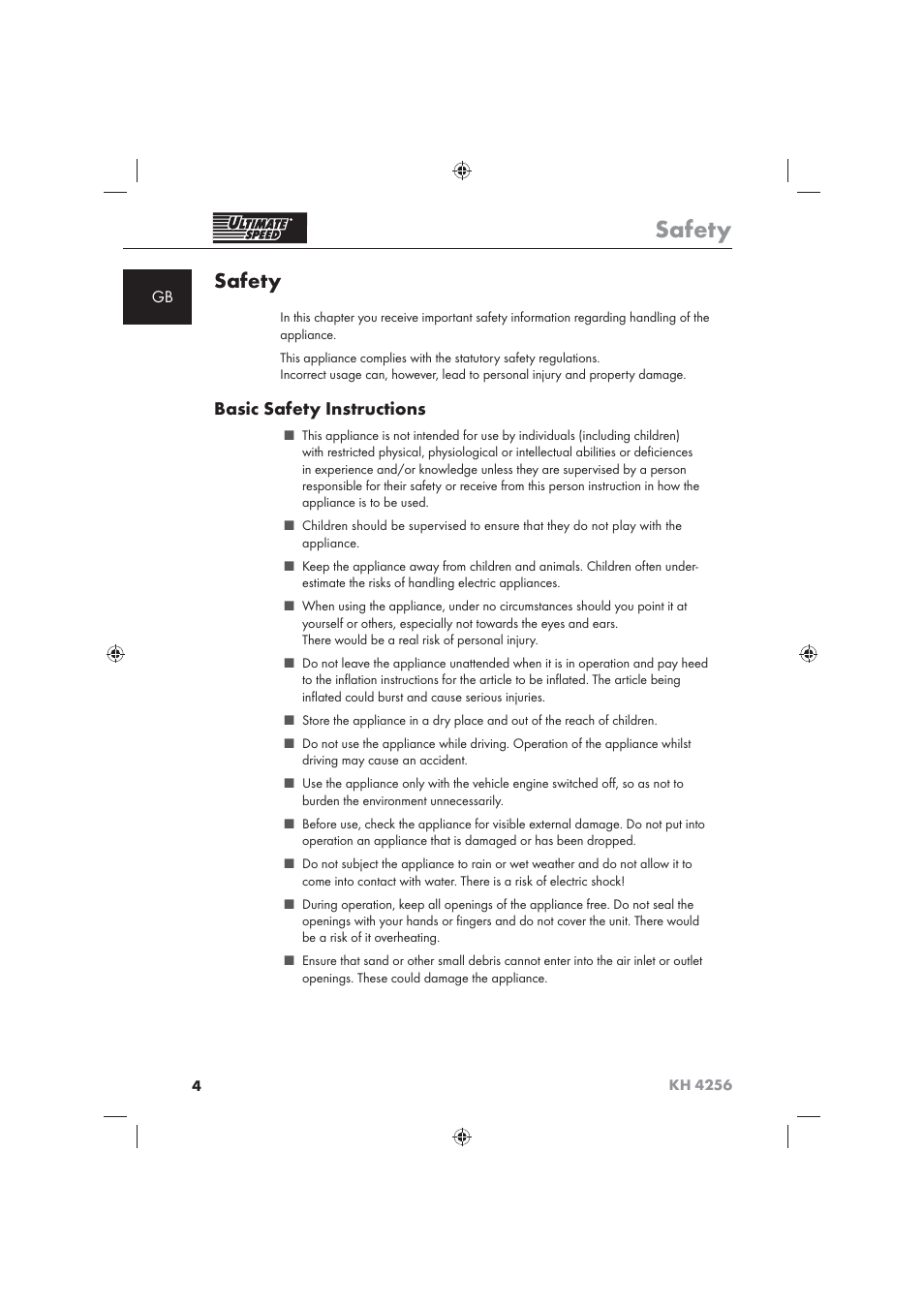 Safety, Basic safety instructions | Ultimate Speed KH 4256 User Manual | Page 6 / 100