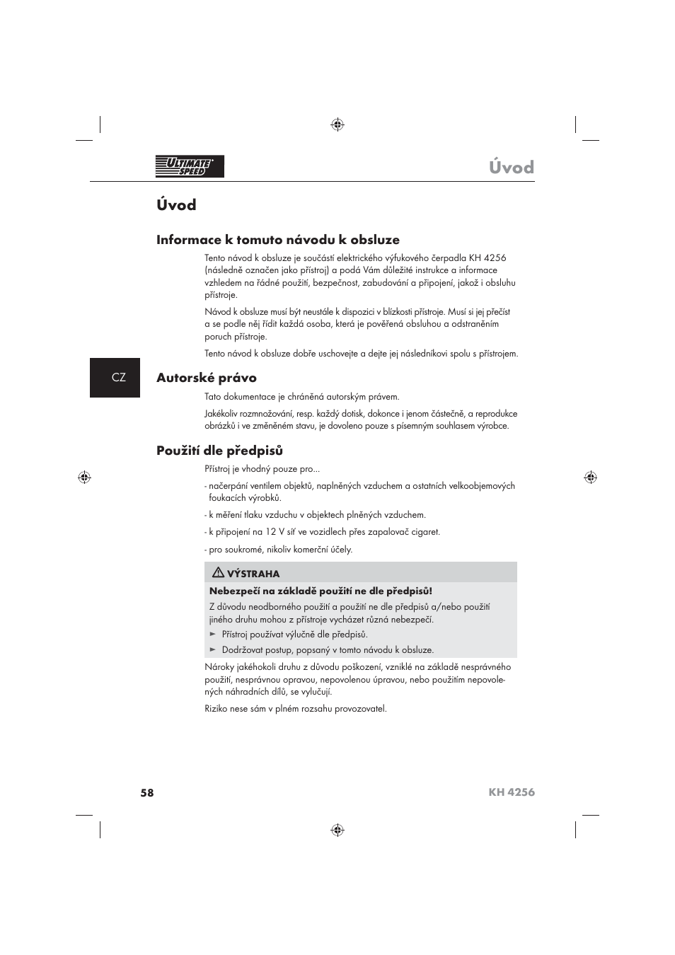 Úvod, Informace k tomuto návodu k obsluze, Autorské právo | Použití dle předpisů | Ultimate Speed KH 4256 User Manual | Page 60 / 100