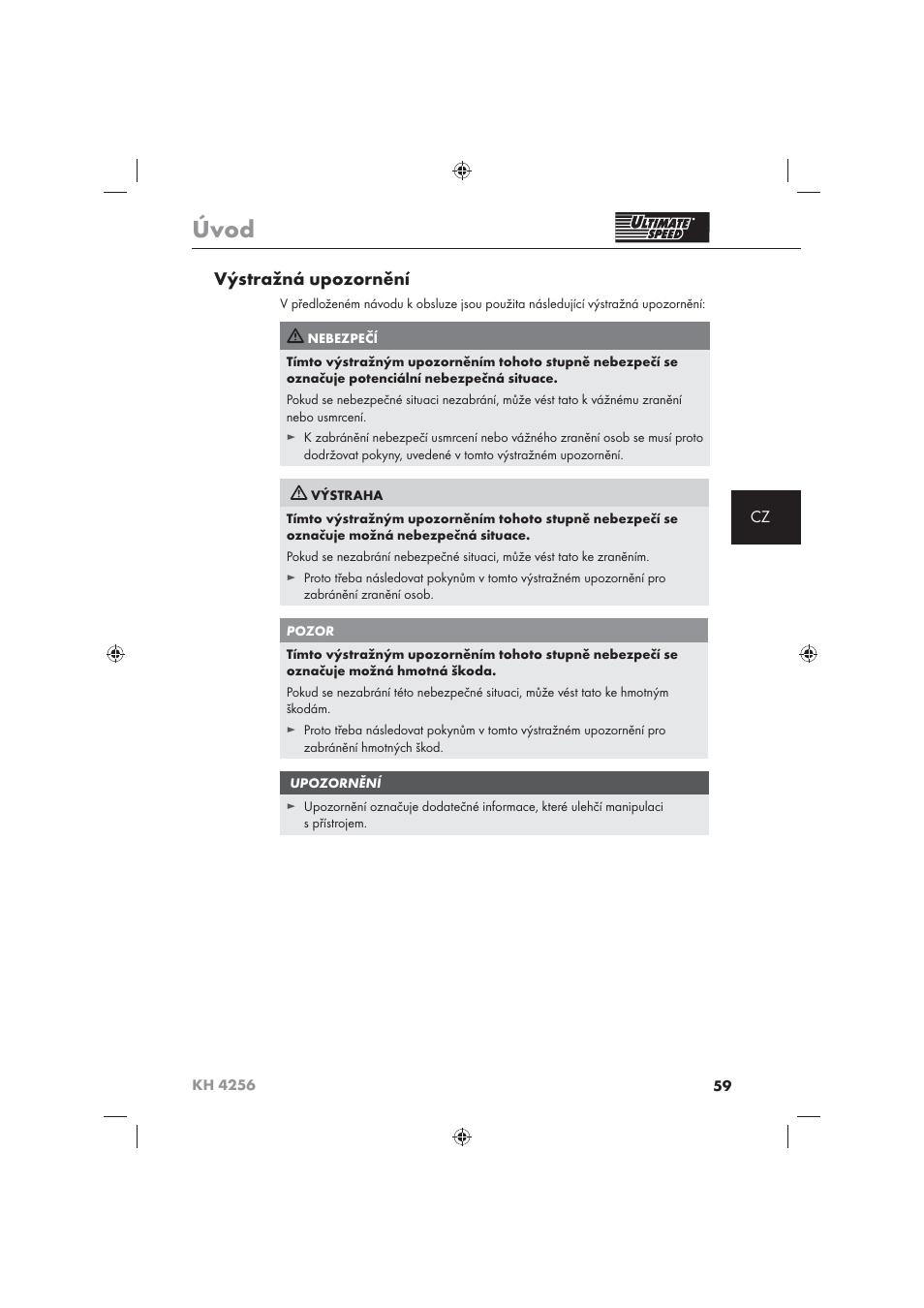 Úvod, Výstražná upozornění | Ultimate Speed KH 4256 User Manual | Page 61 / 100