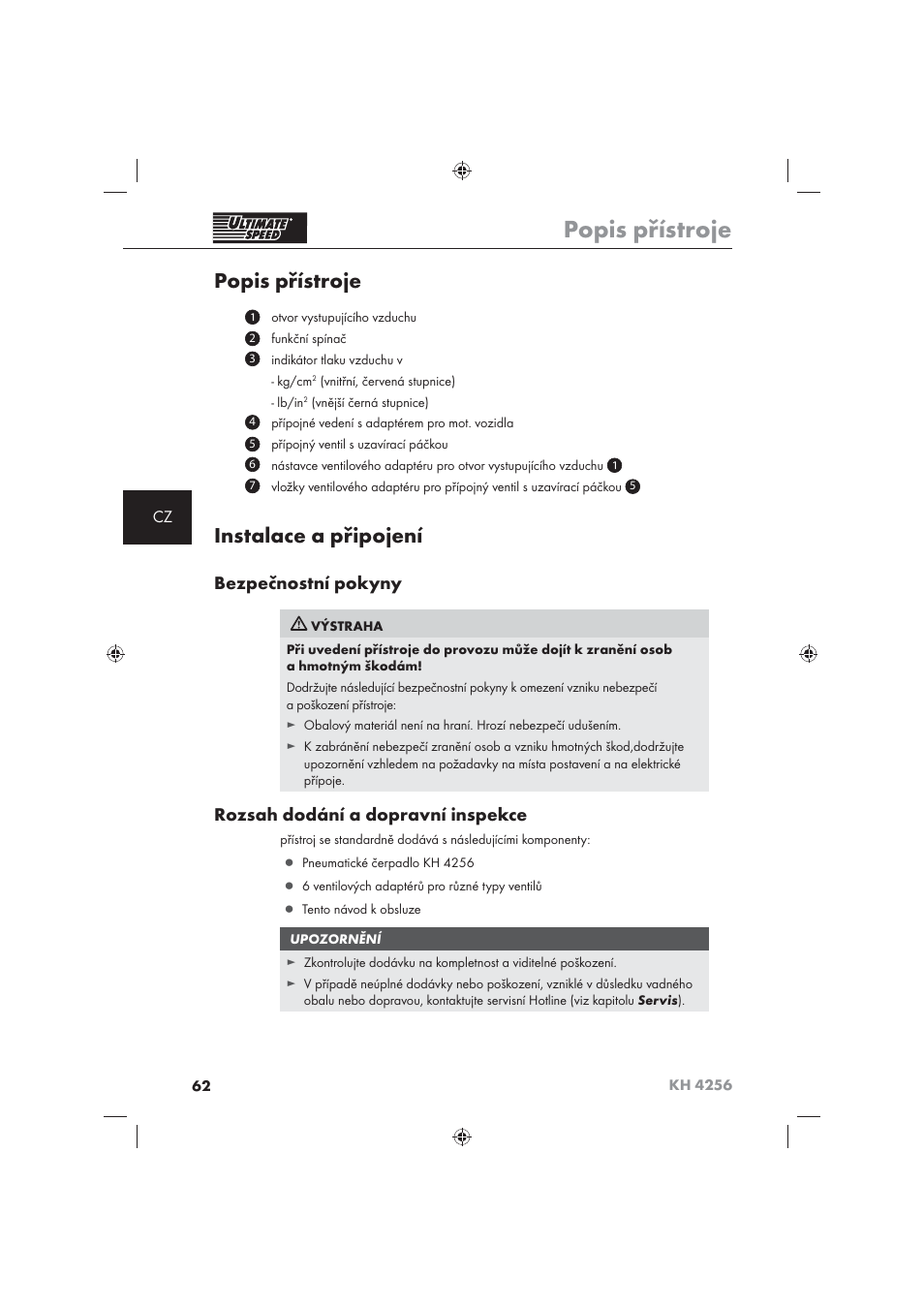 Popis přístroje, Instalace a připojení, Bezpečnostní pokyny | Rozsah dodání a dopravní inspekce | Ultimate Speed KH 4256 User Manual | Page 64 / 100