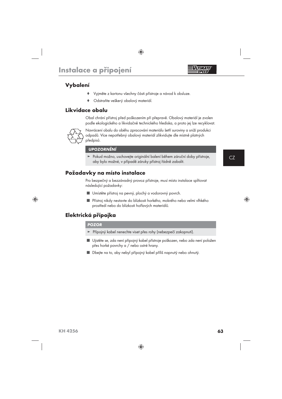 Instalace a připojení, Vybalení, Likvidace obalu | Požadavky na místo instalace, Elektrická přípojka | Ultimate Speed KH 4256 User Manual | Page 65 / 100