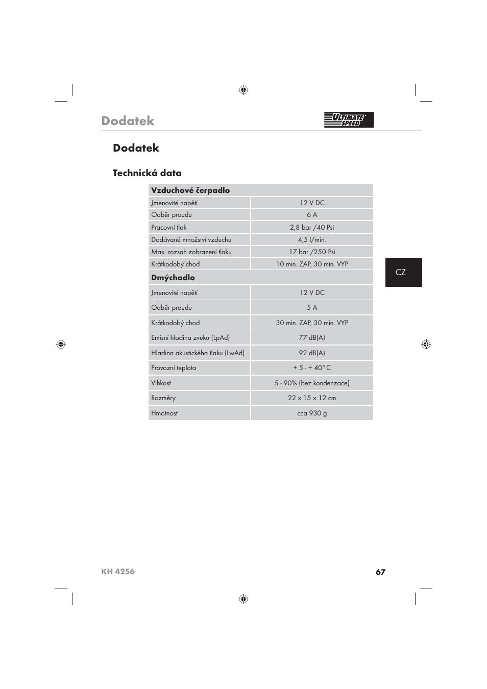 Dodatek, Technická data | Ultimate Speed KH 4256 User Manual | Page 69 / 100