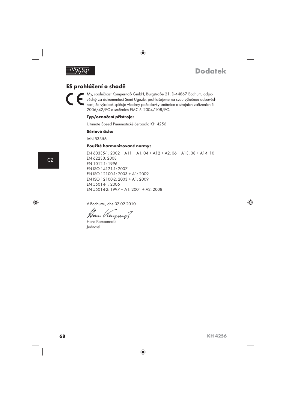 Dodatek, Es prohlášení o shodě | Ultimate Speed KH 4256 User Manual | Page 70 / 100