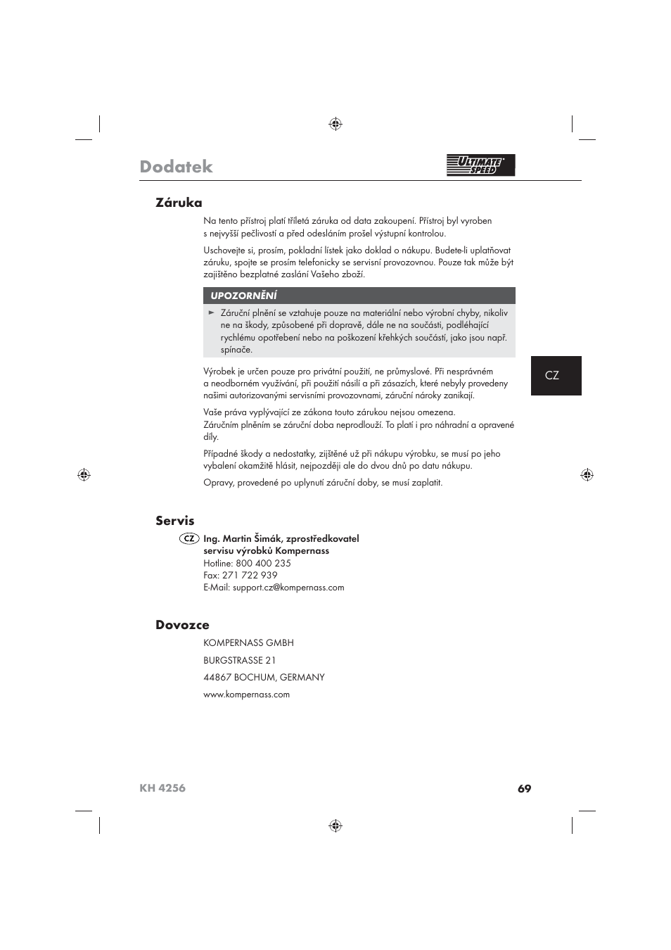 Dodatek, Záruka, Servis | Dovozce | Ultimate Speed KH 4256 User Manual | Page 71 / 100