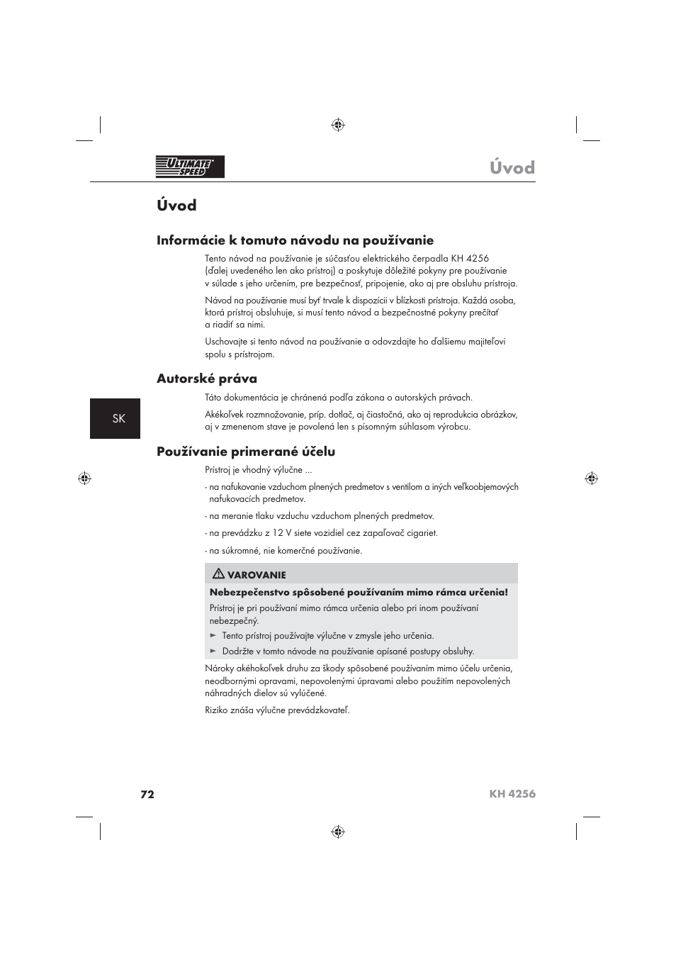 Úvod, Informácie k tomuto návodu na používanie, Autorské práva | Používanie primerané účelu | Ultimate Speed KH 4256 User Manual | Page 74 / 100