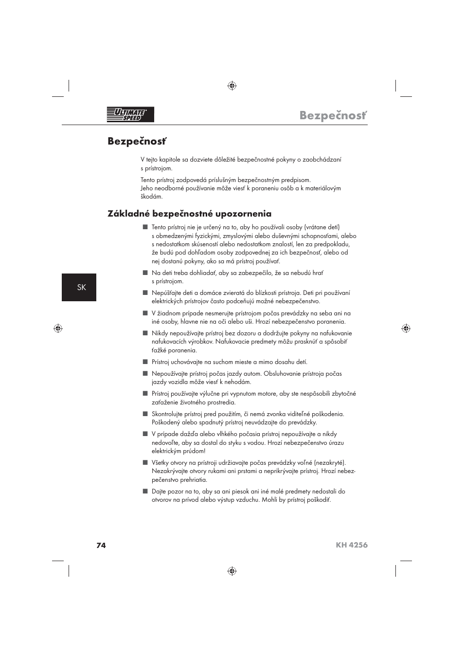 Bezpečnosť, Základné bezpečnostné upozornenia | Ultimate Speed KH 4256 User Manual | Page 76 / 100