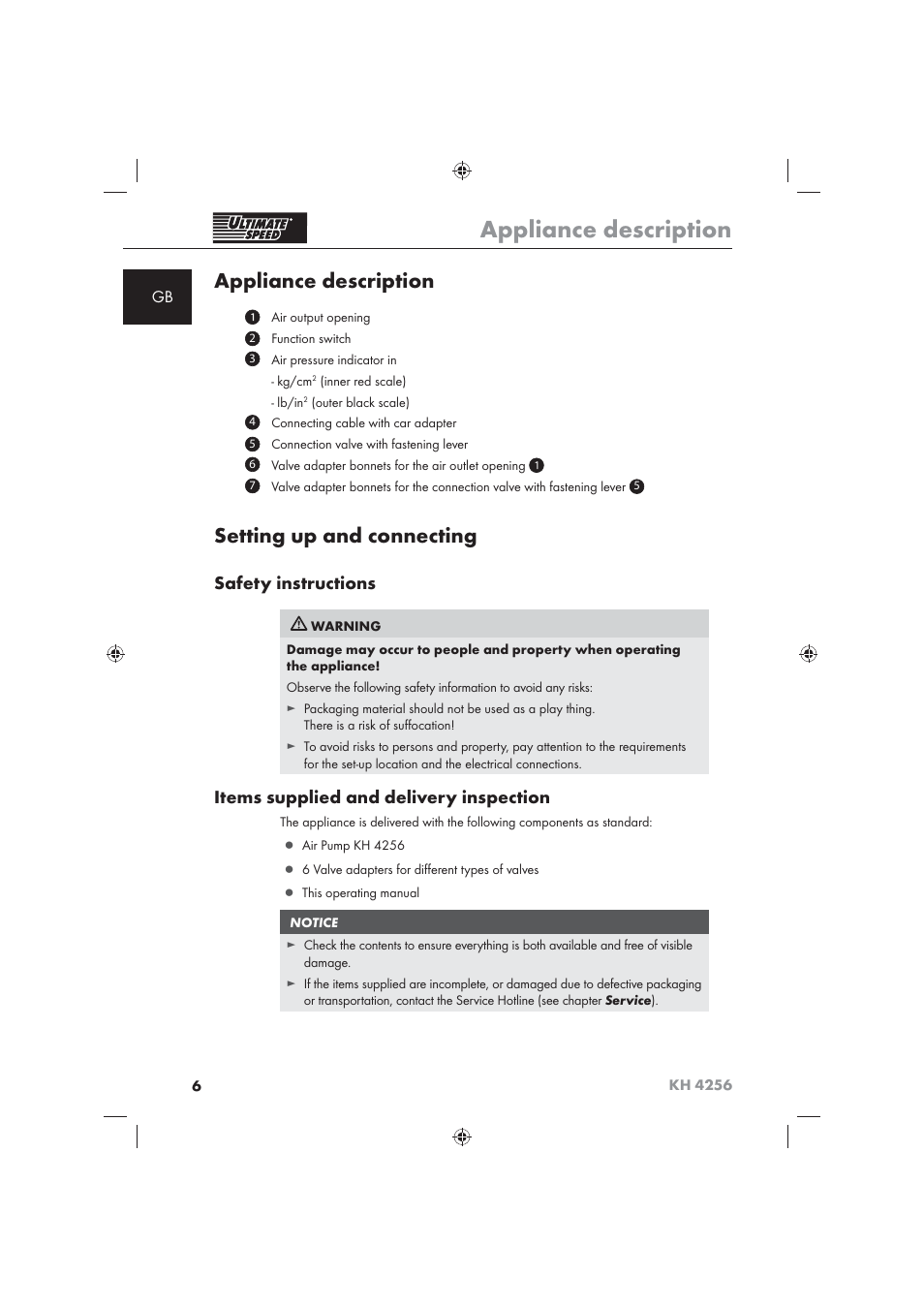 Appliance description, Setting up and connecting, Safety instructions | Items supplied and delivery inspection | Ultimate Speed KH 4256 User Manual | Page 8 / 100