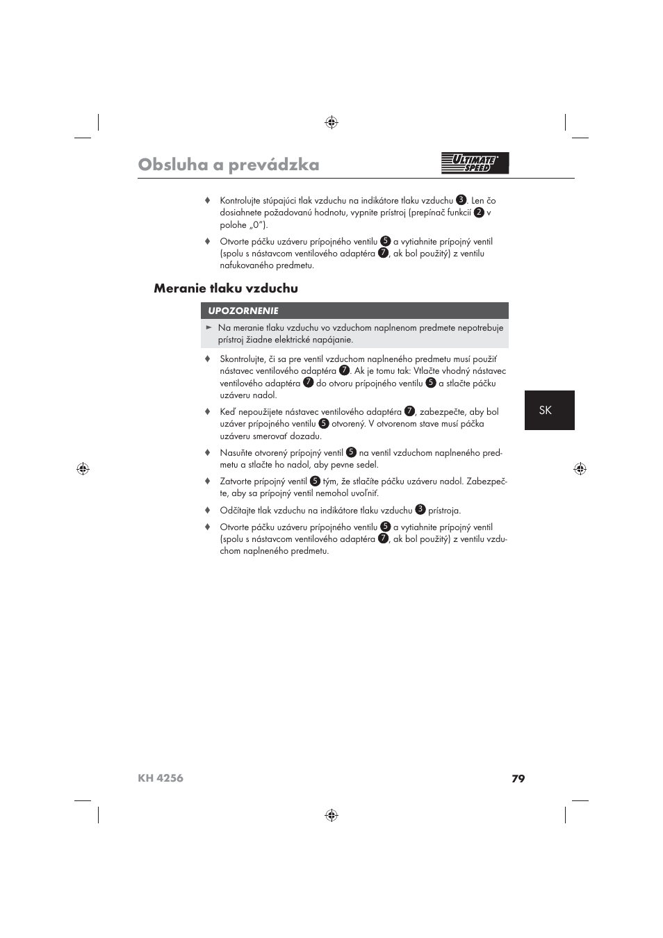 Obsluha a prevádzka, Meranie tlaku vzduchu | Ultimate Speed KH 4256 User Manual | Page 81 / 100
