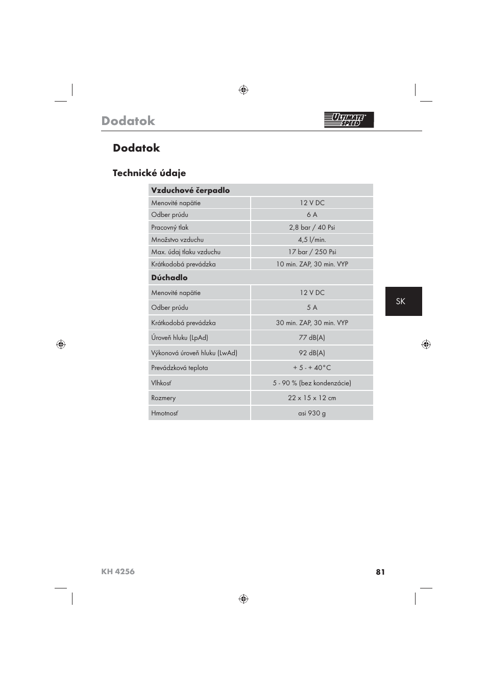 Dodatok, Technické údaje | Ultimate Speed KH 4256 User Manual | Page 83 / 100
