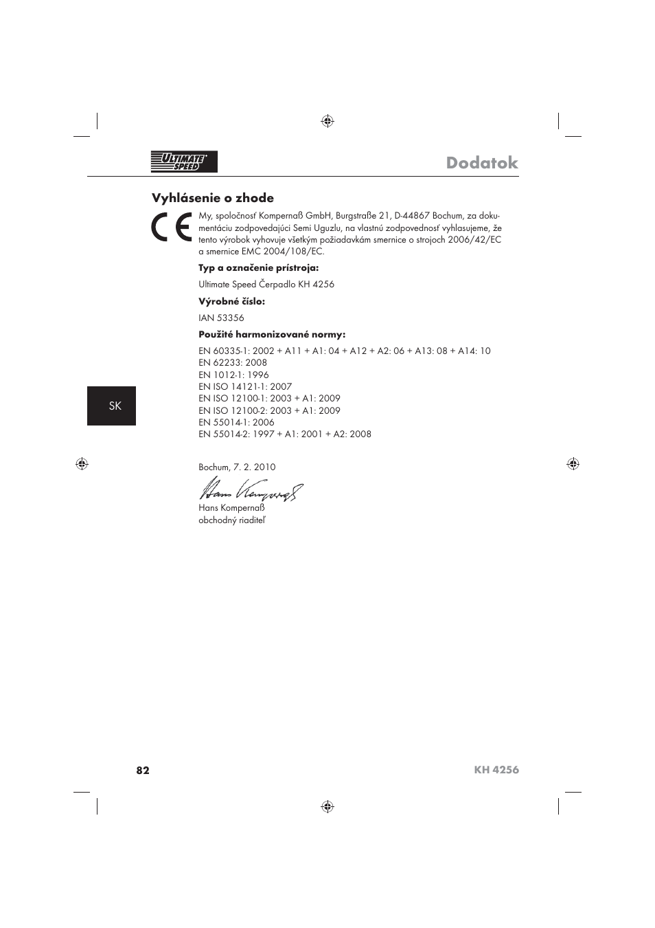 Dodatok, Vyhlásenie o zhode | Ultimate Speed KH 4256 User Manual | Page 84 / 100