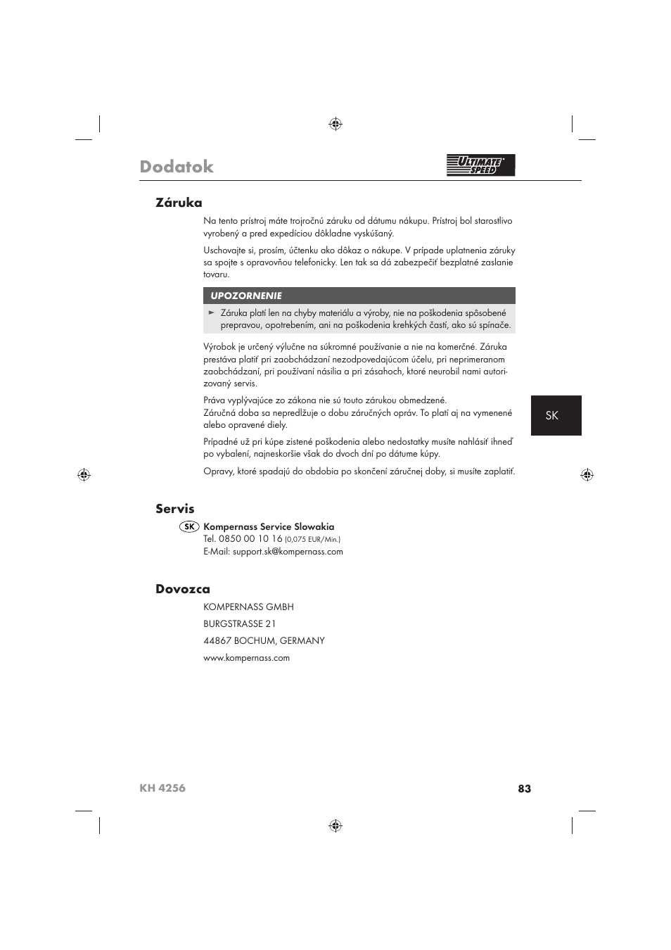 Dodatok, Záruka, Servis | Dovozca | Ultimate Speed KH 4256 User Manual | Page 85 / 100