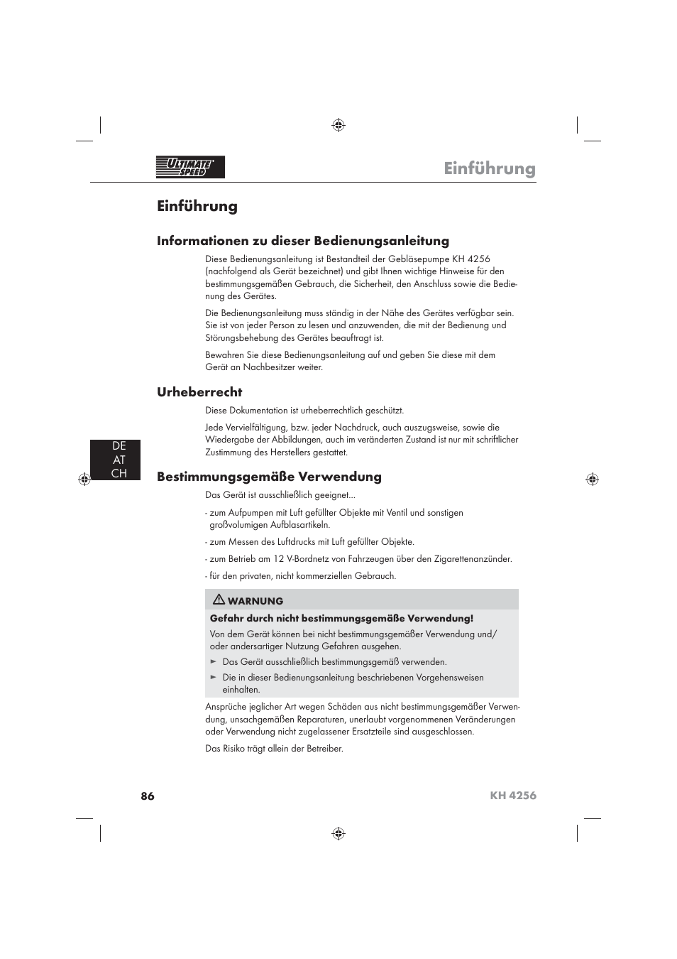 Einführung, Informationen zu dieser bedienungsanleitung, Urheberrecht | Bestimmungsgemäße verwendung, De at ch | Ultimate Speed KH 4256 User Manual | Page 88 / 100