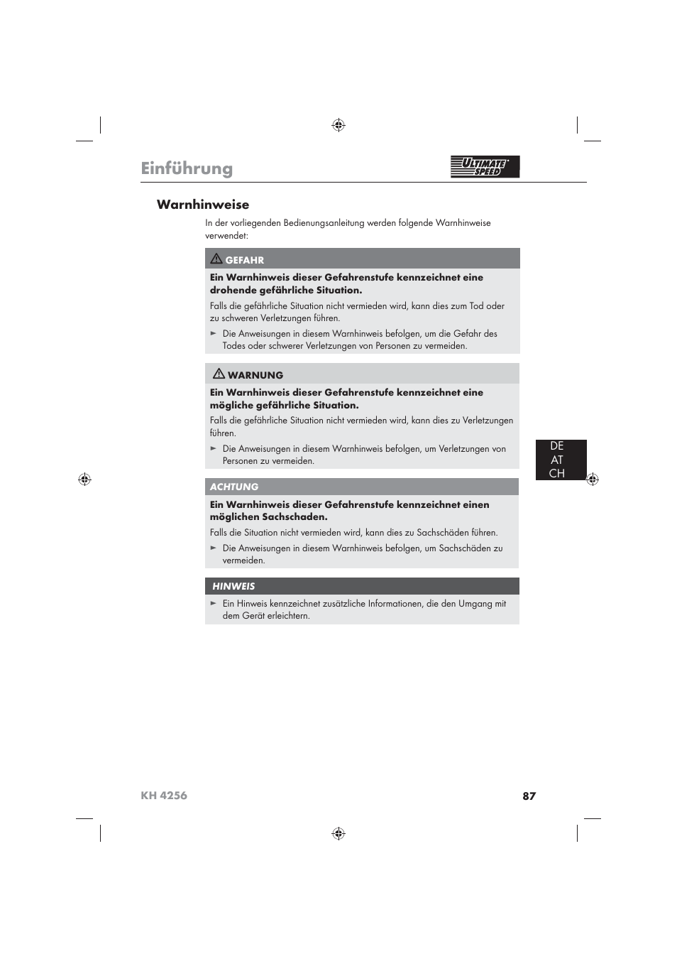 Einführung, Warnhinweise, De at ch | Ultimate Speed KH 4256 User Manual | Page 89 / 100