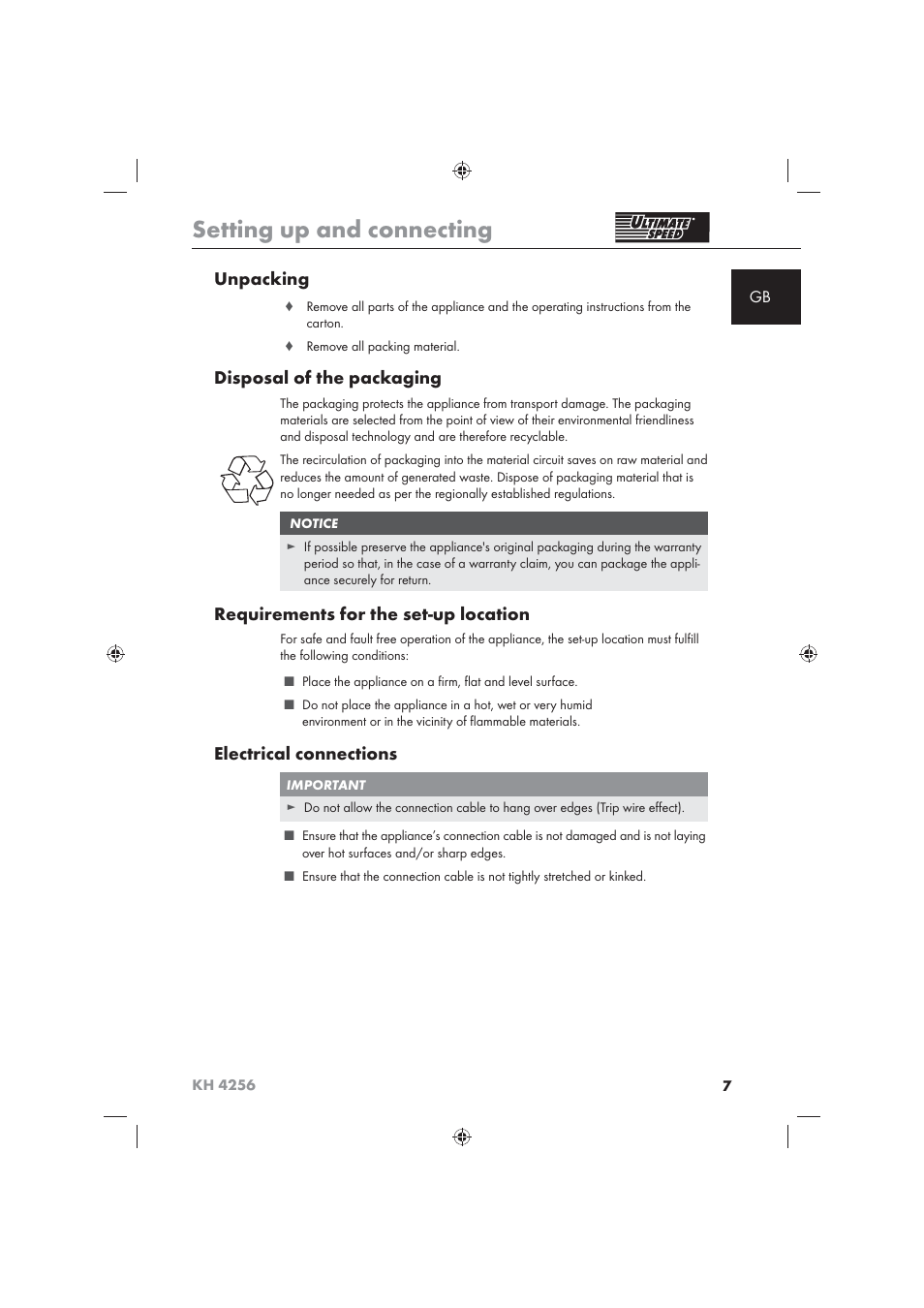 Setting up and connecting, Unpacking, Disposal of the packaging | Requirements for the set-up location, Electrical connections | Ultimate Speed KH 4256 User Manual | Page 9 / 100