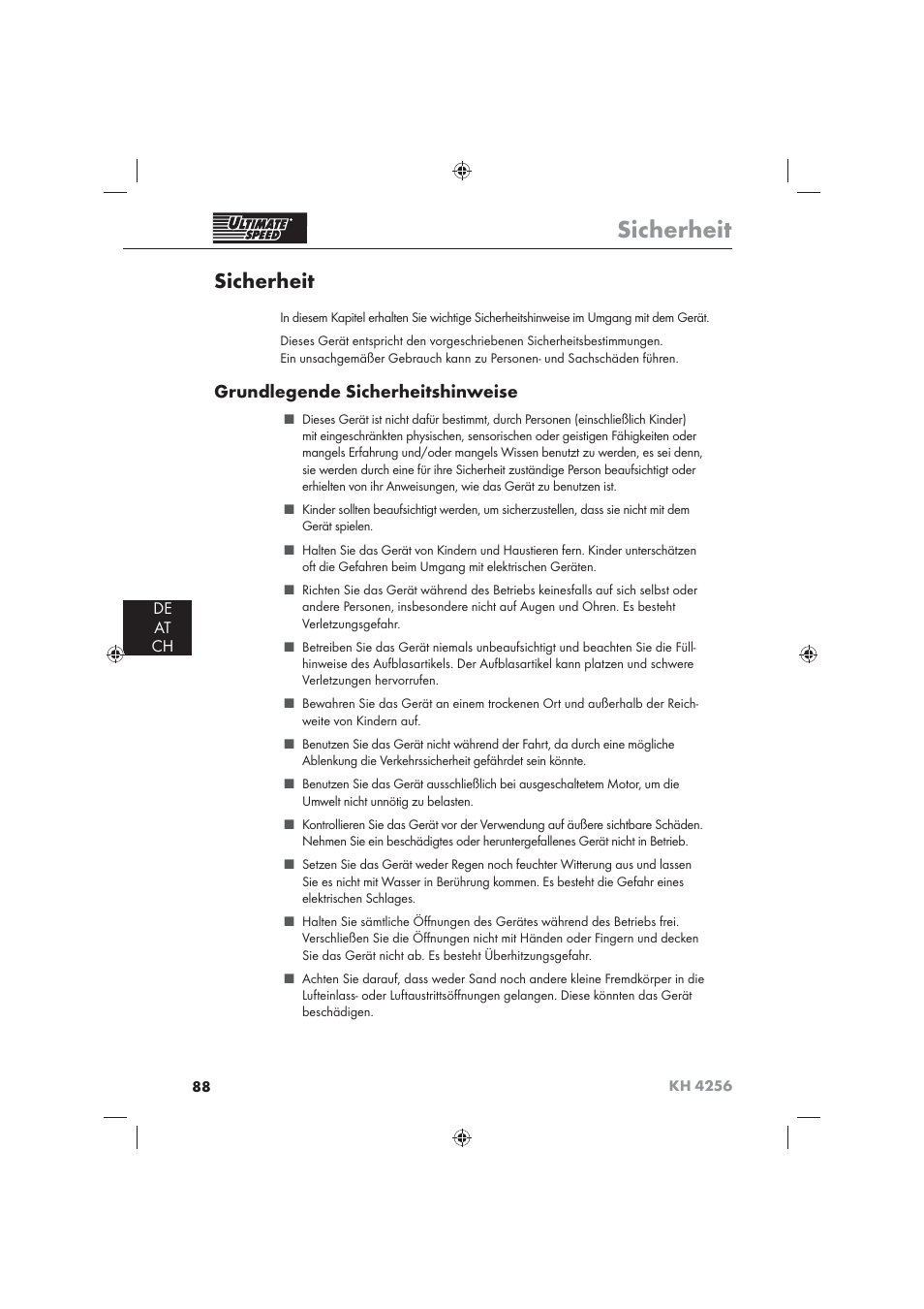 Sicherheit, Grundlegende sicherheitshinweise, De at ch | Ultimate Speed KH 4256 User Manual | Page 90 / 100