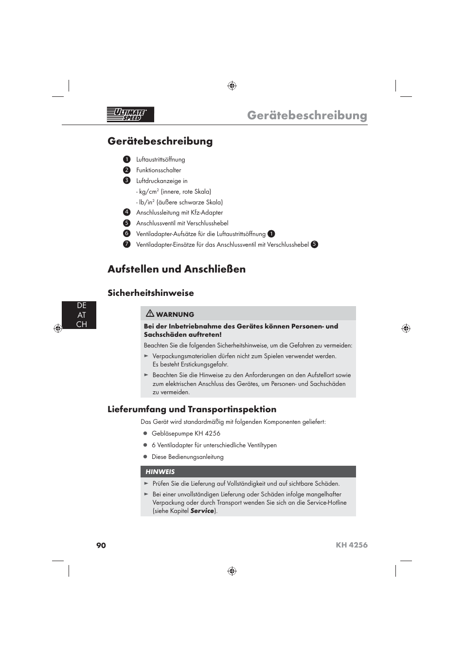 Gerätebeschreibung, Aufstellen und anschließen, Sicherheitshinweise | Lieferumfang und transportinspektion, De at ch | Ultimate Speed KH 4256 User Manual | Page 92 / 100