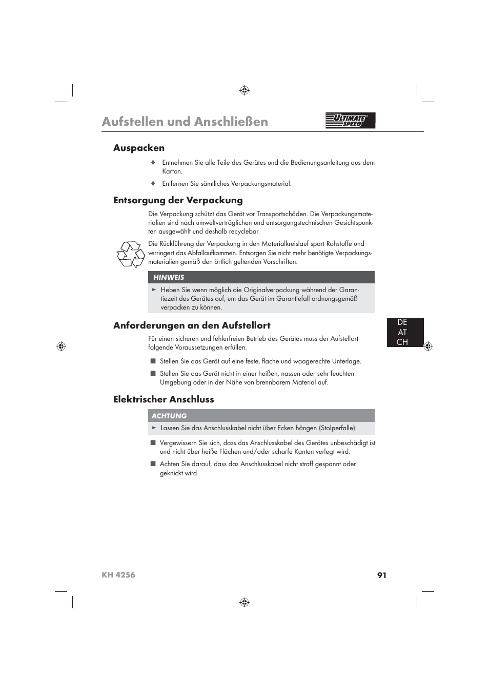 Aufstellen und anschließen, Auspacken, Entsorgung der verpackung | Anforderungen an den aufstellort, Elektrischer anschluss, De at ch | Ultimate Speed KH 4256 User Manual | Page 93 / 100