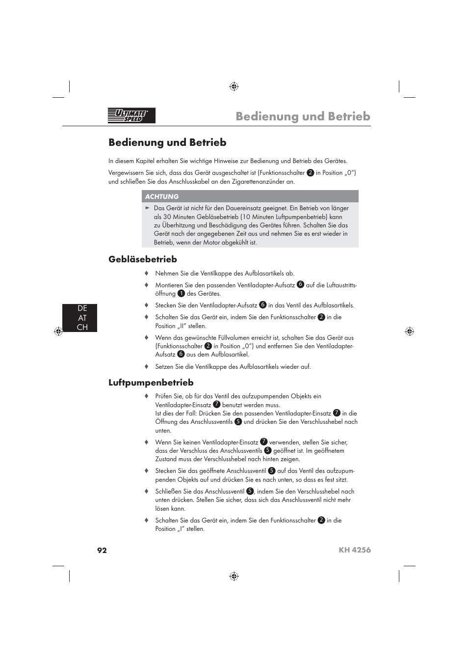 Bedienung und betrieb, Gebläsebetrieb, Luftpumpenbetrieb | De at ch | Ultimate Speed KH 4256 User Manual | Page 94 / 100