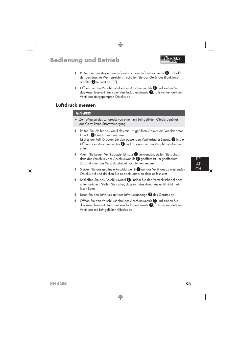 Bedienung und betrieb, Luftdruck messen, De at ch | Ultimate Speed KH 4256 User Manual | Page 95 / 100