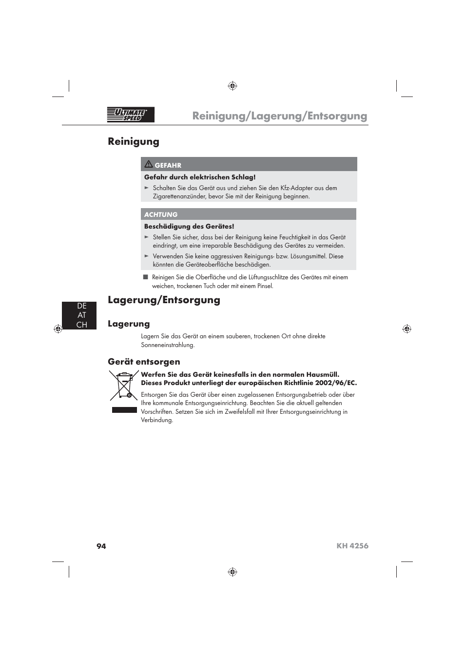 Reinigung/lagerung/entsorgung, Reinigung, Lagerung/entsorgung | Lagerung, Gerät entsorgen, De at ch | Ultimate Speed KH 4256 User Manual | Page 96 / 100