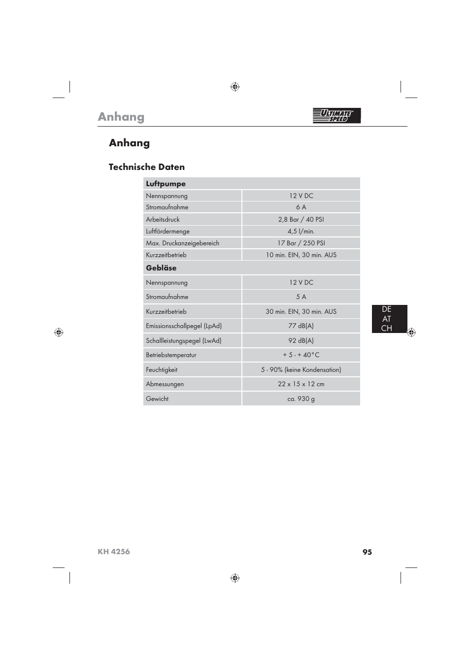 Anhang, Technische daten, De at ch | Ultimate Speed KH 4256 User Manual | Page 97 / 100