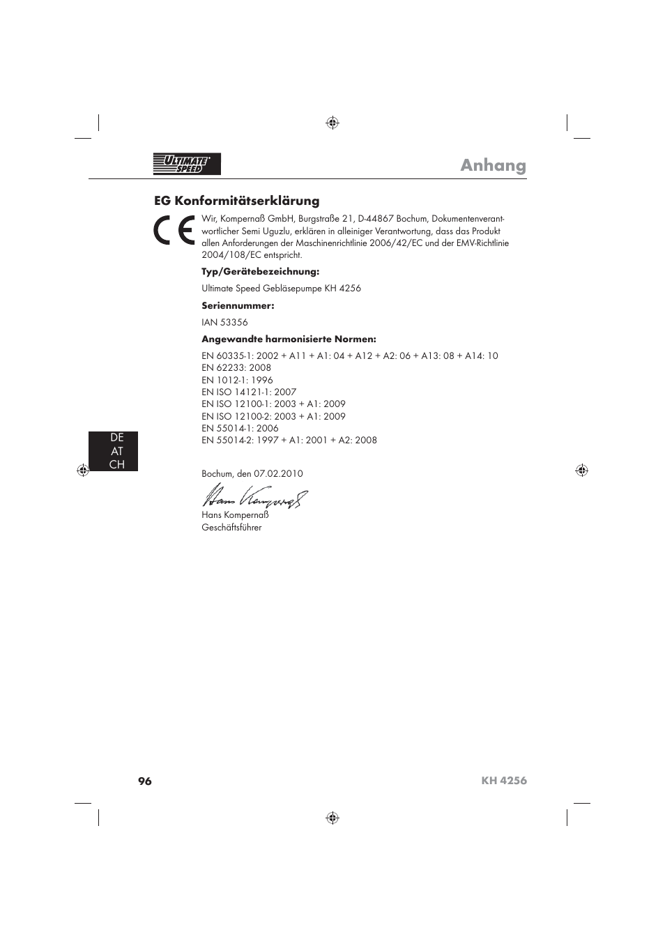 Anhang, Eg konformitätserklärung, De at ch | Ultimate Speed KH 4256 User Manual | Page 98 / 100