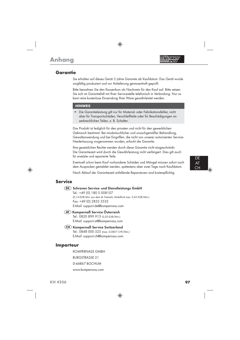 Anhang, Garantie, Service | Importeur, De at ch | Ultimate Speed KH 4256 User Manual | Page 99 / 100