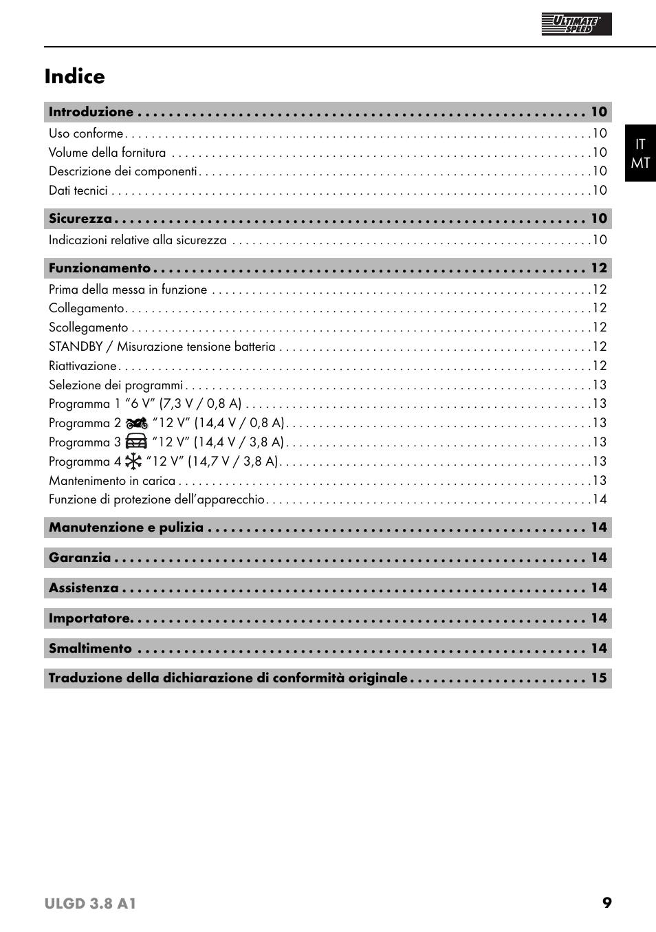 Indice | Ultimate Speed ULGD 3.8 A1 User Manual | Page 12 / 43