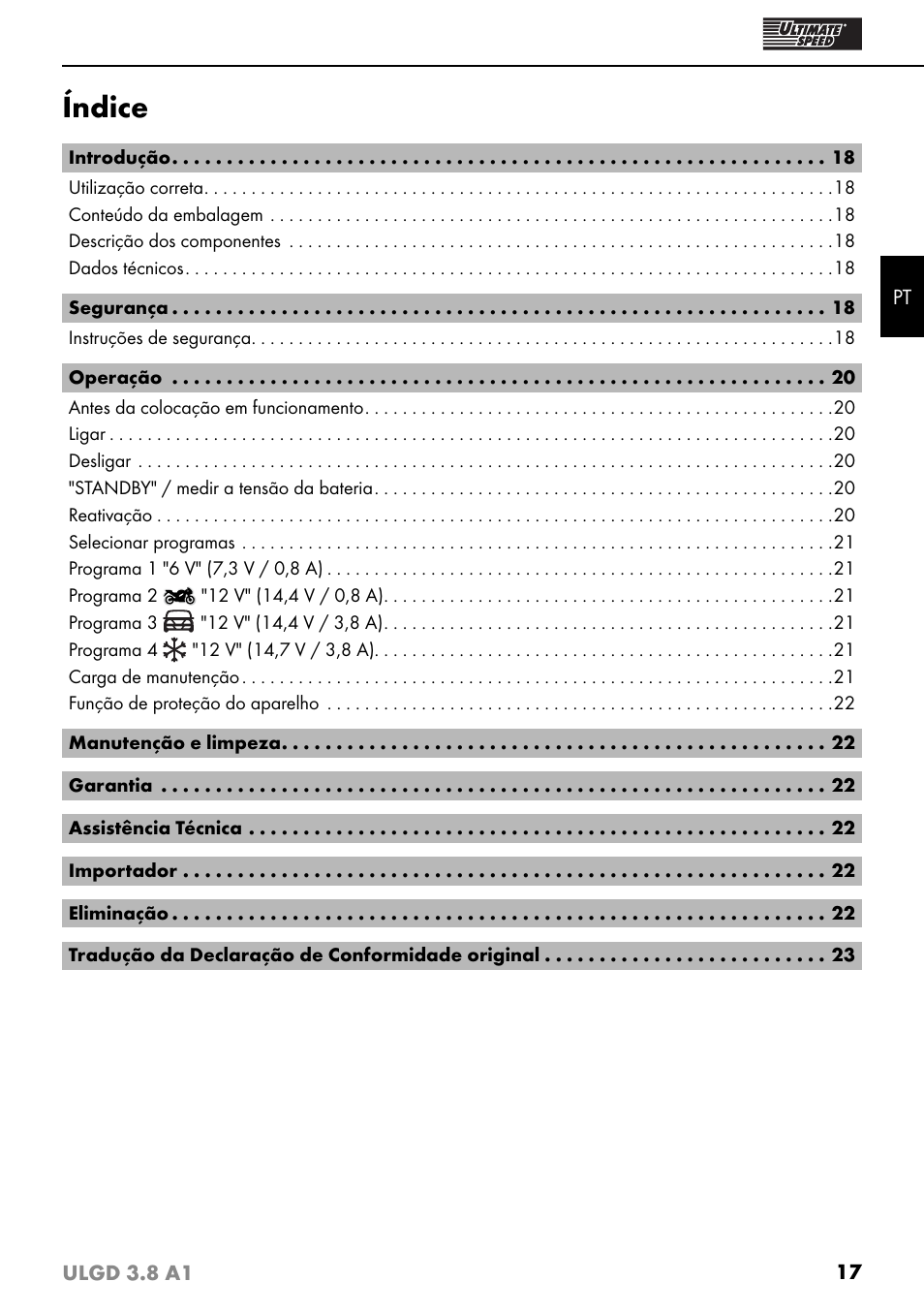 Índice | Ultimate Speed ULGD 3.8 A1 User Manual | Page 20 / 43