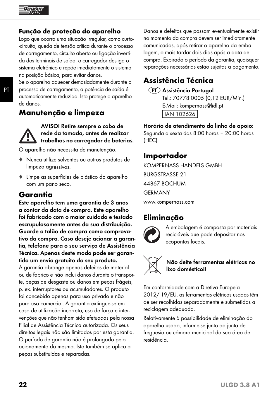 Manutenção e limpeza, Garantia, Assistência técnica | Importador, Eliminação | Ultimate Speed ULGD 3.8 A1 User Manual | Page 25 / 43