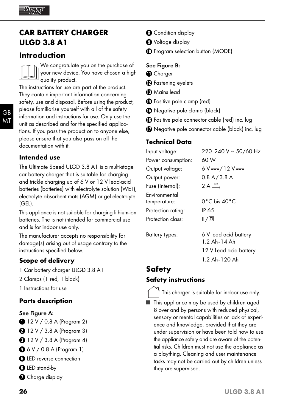 Car battery charger ulgd 3.8 a1 introduction, Safety | Ultimate Speed ULGD 3.8 A1 User Manual | Page 29 / 43