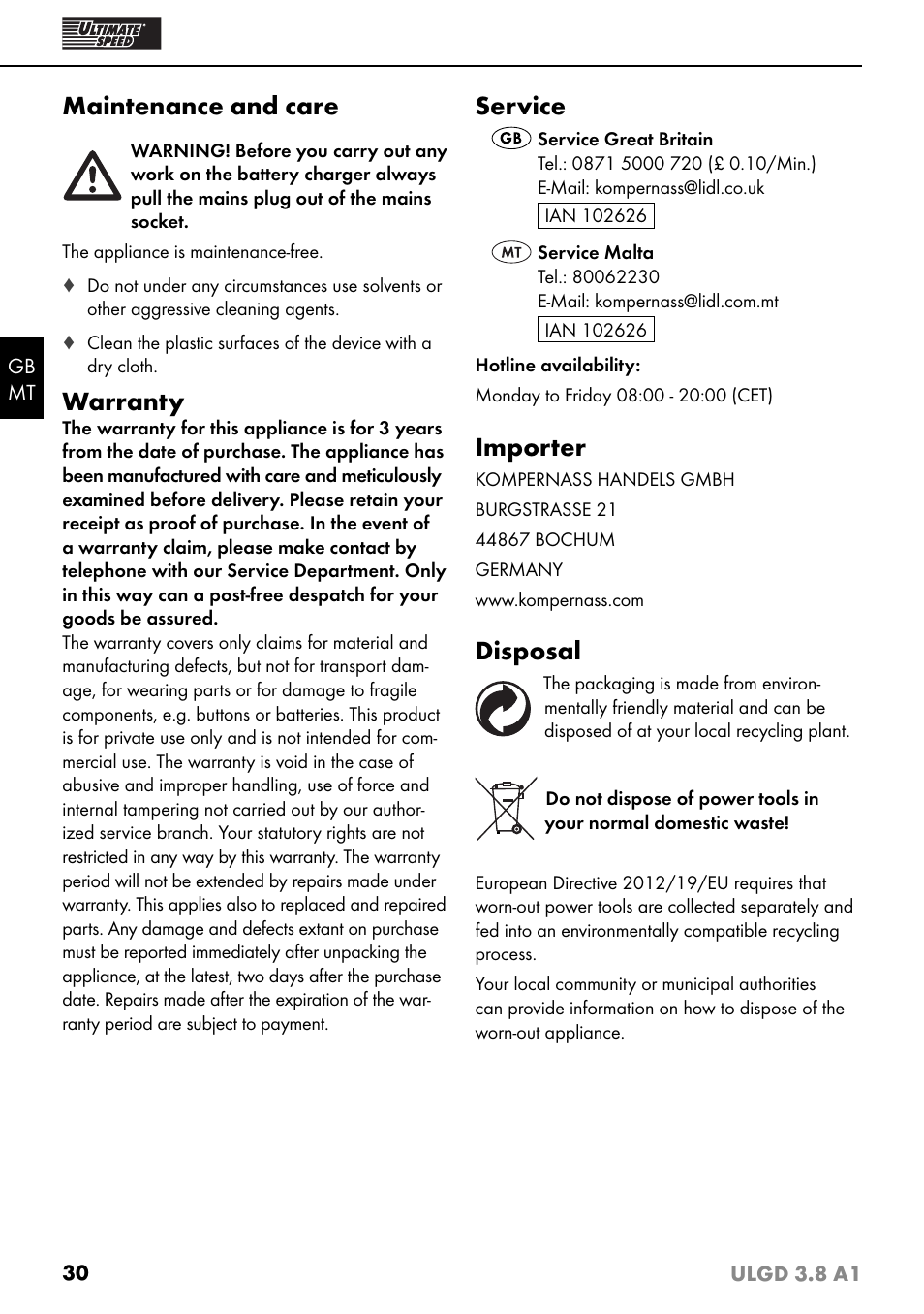 Maintenance and care, Warranty, Service | Importer, Disposal | Ultimate Speed ULGD 3.8 A1 User Manual | Page 33 / 43