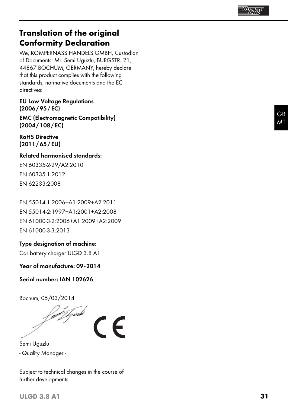 Translation of the original conformity declaration | Ultimate Speed ULGD 3.8 A1 User Manual | Page 34 / 43