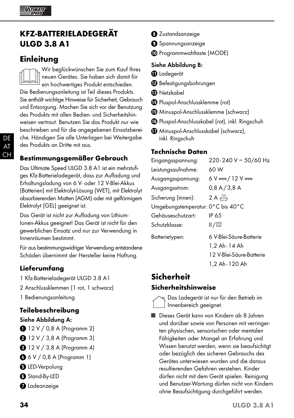 Kfz-batterieladegerät ulgd 3.8 a1 einleitung, Sicherheit | Ultimate Speed ULGD 3.8 A1 User Manual | Page 37 / 43