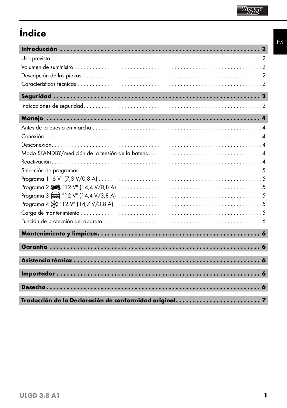 Índice | Ultimate Speed ULGD 3.8 A1 User Manual | Page 4 / 43